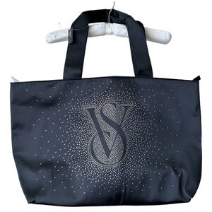 Victoria's Secret Black Bag Rhinestone VS Zipper Large Handle 2 Inner Pocket NWT